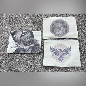 Bundle of Three Black and Cream Graphic Canvas Pouches